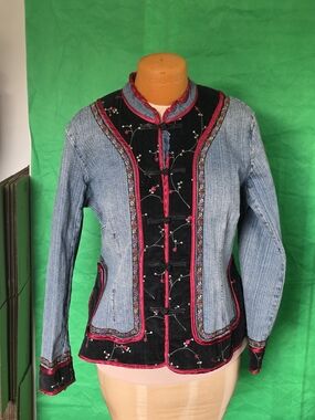 Carolina Blues Plus Embroidered Denim Velvet Jacket 18W Boho Western Floral